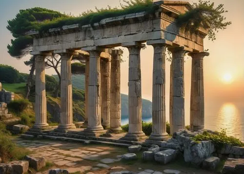 greek temple,temple of poseidon,temple of diana,roman temple,erechtheus,temple of hercules,herakleion,artemis temple,doric columns,pillars,erechtheion,roman columns,the ancient world,hellas,panagora,paestum,ephesus,caesonia,house with caryatids,grecia,Illustration,Realistic Fantasy,Realistic Fantasy 19