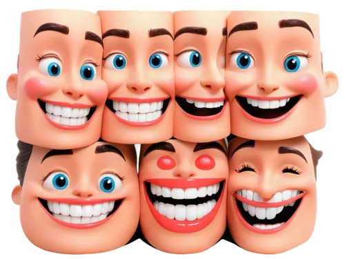 Smiling faces, various expressions, bright colorful skin tones, shiny eyes, white teeth, rosy cheeks, 3D cartoon style, exaggerated facial features, joyful emotions, soft lighting, close-up shot, fron