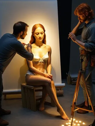 A model is being prepared by Albrecht Duerer (Nuremberg) for his next painting.,a man and woman are painting a girl on a stool,minogue,tussaud,scene lighting,video scene,applying make-up,epica,Art,Cla