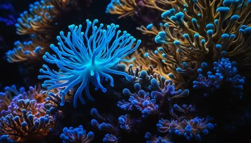 macrophotograph, beautiful bioluminescent blue glow quantum  sea coral polyp on the reef, natural lighting, light-focused, amateur shot,blue anemone,bubblegum coral,coral guardian,bioluminescence,cora