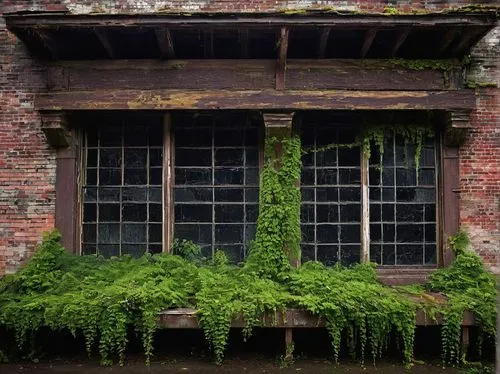 Rustic, abandoned, industrial architectural salvage, Tacoma WA, Pacific Northwest, old brick building, worn wooden beams, distressed metal columns, broken glass windows, overgrown with vines, moss-cov