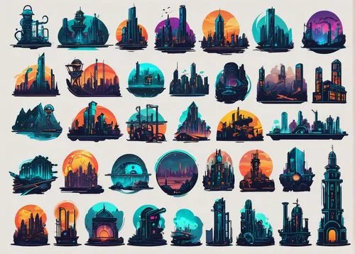 city cities,spaceships,monuments,minarets,space ships,fairy tale icons,houses silhouette,city blocks,landmarks,castles,set of icons,cities,towers,fantasy city,metropolises,backgrounds,houses clipart,chimneys,icon set,turrets,Unique,Design,Sticker