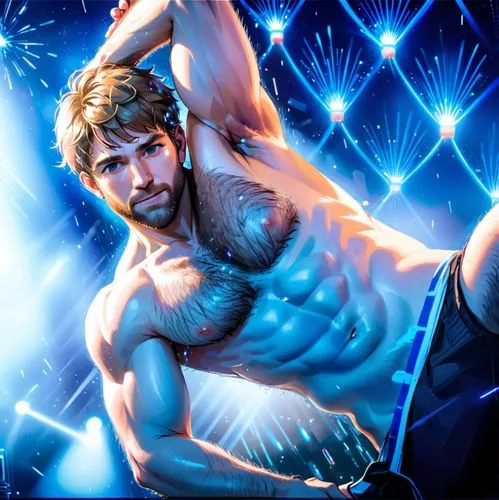 shirtless colby keller, thick bushy armpit hair, naked, undercut hair, focus on armpit hair, wearing pants, armpit hair , hairy armpit,a man that is standing on one leg in the air,poseidon,disco,mercu