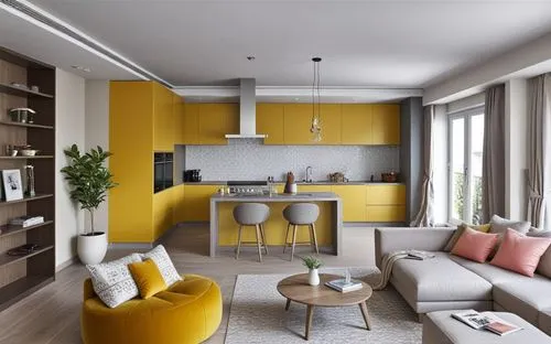 Комната гостиная с кухней  слила комнаты в ярких тонах,a living room with yellow furniture, a dining table and chairs,mahdavi,an apartment,appartement,shared apartment,modern kitchen interior,modern d