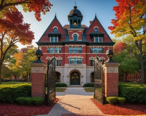 Fort Wayne's historic architecture, 19th-century American style, red brick façade, grand entrance with stone pillars, ornate metal gates, clock tower, intricate stonework, symmetrical composition, war