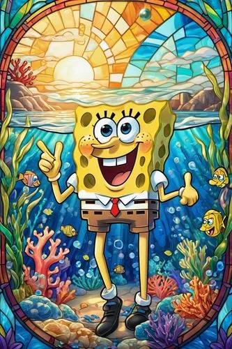 Vibrant stained glass window, SpongeBob SquarePants, enthusiastic expression, bright blue eyes, optimistic smile, yellow skin tone, porous texture, tropical Bikini Bottom setting, colorful seaweed sur