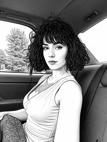 a black and white po of a woman in a car,girl in car,woman in the car,comic halftone woman,car drawing,exene,miseducation,Design Sketch,Design Sketch,Black and white Comic