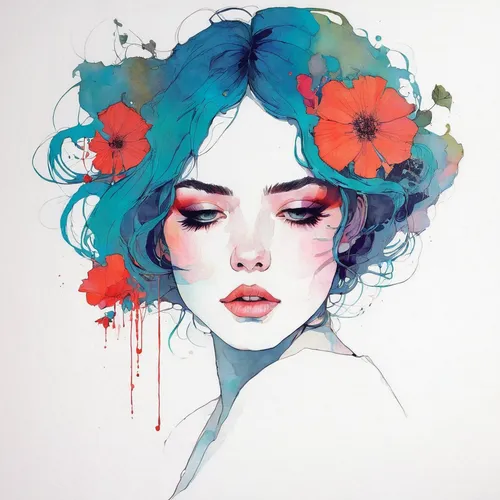 beauty，by Conrad Roset,flower painting,watercolor,watercolor paint,girl in flowers,wilted,watercolor flower,watercolor flowers,flower girl,watercolor painting,falling flowers,boho art,floral poppy,wat