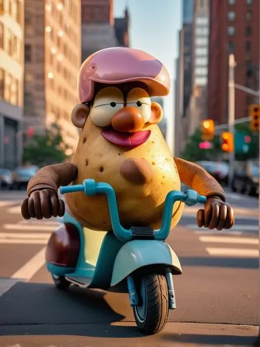 Potato head on a scooter in New York during the Golden Hour,scooter riding,new york taxi,delivering,toy motorcycle,citroen duck,potato character,rubber duckie,scooter,e-scooter,simson,true toad,scoote