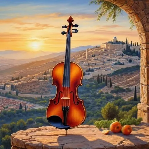 a violin on a cliff overlooking a city,violoncello,violino,cello,stradivari,vivaldi,violin