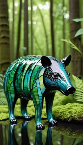 tiffany glass art tapir in bambo forest,a handmade glass bear sitting on a leafy green surface,tapir,tapirs,forest animal,woodland animals,muldaur,glass painting,babirusa,thylacine,fantasy animal,mamm