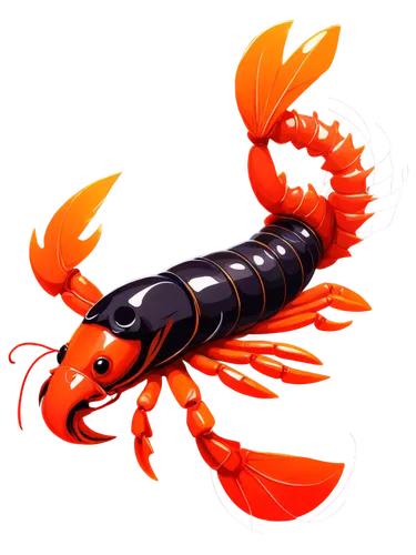 Animated crawfish, bright red eyes, shiny shell, claws snapping, legs wiggling, whisker-like antennae, transparent fins, swimming pose, underwater scene, soft focus, warm lighting, vibrant orange-red 