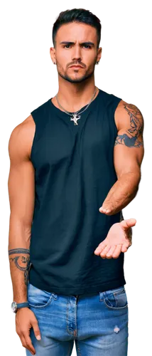 Muscular man, tribal style, star tattoo on chest, shoulder, or arm, sleeveless shirt, ripped jeans, bold facial features, intense gaze, messy short hair, strong jawline, necklace with pendant, standin