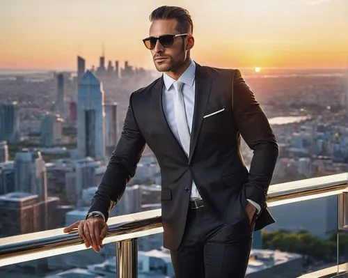 Modern skyscraper, sleek glass facade, steel frame, futuristic design, businessman, mature man, 35yo, confident expression, black suit, white shirt, tie, sunglasses, briefcase, standing, leaning again