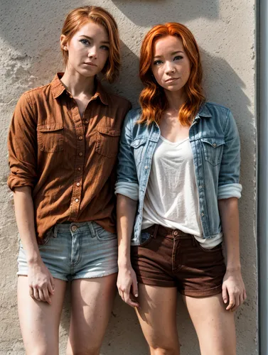 Two lovely girls with a neat hairstyle and freckles stand in front of a wall.,two attractive young women standing together in front of a building,redheads,gingers,gingersnaps,denim background,thornber