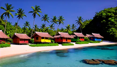 "Tropical island scene, Philippines, sunny day, clear blue sky, white sandy beach, palm trees swaying gently, huts with thatched roofs, colorful jeepneys, vibrant flowers, lush greenery, 3/4 compositi