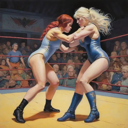 folk wrestling,wrestling,mma,wrestle,wrestler,dispute,combat sport,striking combat sports,two girls,pin-up girls,oil on canvas,wrestlers,boxing ring,puroresu,retro women,lady honor,catch wrestling,woman pointing,lucha libre,ufc,Illustration,Realistic Fantasy,Realistic Fantasy 05