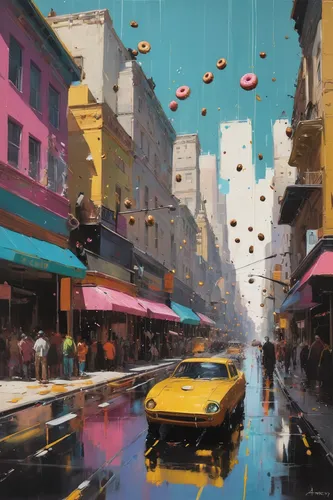 umbrellas,world digital painting,oil painting on canvas,colorful balloons,golden rain,drop of rain,flying seeds,colorful city,hong kong,overhead umbrella,monsoon,souk,falling objects,rains,raining,art painting,cairo,kowloon,by chaitanya k,rainstorm,Conceptual Art,Fantasy,Fantasy 10