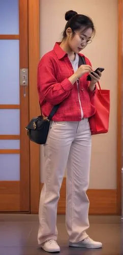 asian, casual, phone, wear clothes female,woman holding a smartphone,concierge,mobile banking,nurse uniform,bank teller,white-collar worker,abstract corporate,courier driver,red bag,personnel manager,