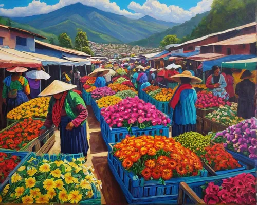 farmer's market,market,fruit market,farmers market,the market,vegetable market,flower painting,oil painting on canvas,large market,khokhloma painting,vegetables landscape,the valley of flowers,marketplace,antigua guatemala,splendor of flowers,cusco,souk,sapa,colorful city,mountain village,Conceptual Art,Fantasy,Fantasy 16