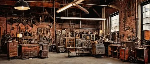 Industrial chic architectural salvage shop, Grand Rapids, Michigan, worn brick exterior, vintage metal signage, reclaimed wooden accents, exposed ductwork, polished concrete floors, eclectic mix of sa