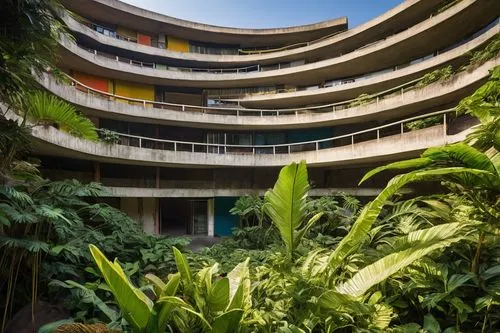 Lina Bo Bardi, Brazilian architect, 70s style, bold shapes, vibrant colors, concrete texture, tropical plants, curved lines, modernist, brutalist, iconic buildings, urban landscape, São Paulo cityscap