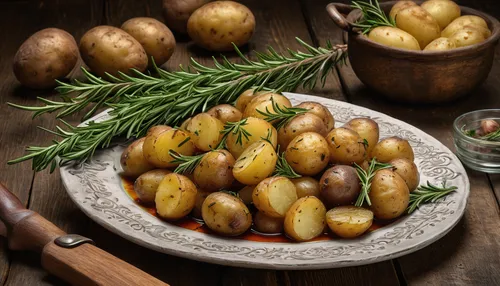 Create a cozy and comforting scene: A warm plate of rosemary potatoes steaming on a rustic wooden table.,ukrainian dill potatoes,rosemary potatoes,lyonnaise potatoes,roasted potatoes,rustic potato,fri