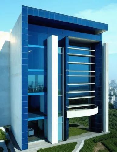 the side view of a modern building with blue and white architecture,modern building,technopark,biotechnology research institute,infotech,modern office,new building,Photography,General,Realistic