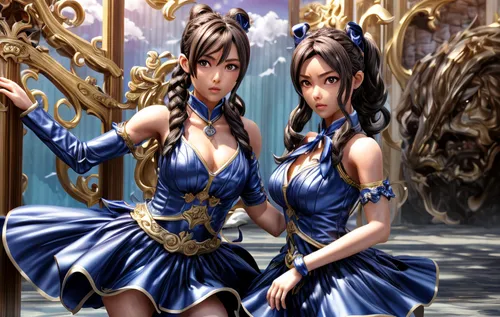 photo realistic,beautiful girls with katana,two girls,dark blue and gold,blue enchantress,princesses,chinese icons,duo,fantasy picture,lancers,gemini,sterntaler,fantasy art,staves,mirror image,in pair