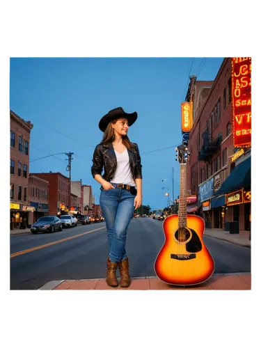 Nashville scenery, country music city, sunset, guitar-shaped buildings, Broadway street, neon lights, cowboy hat, boots, denim jeans, acoustic guitar, microphone, stage lights, warm color tone, cinema