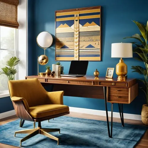 mid century modern,credenza,writing desk,blue room,modern decor,blur office background,blue painting,contemporary decor,sideboard,blue lamp,mid century,midcentury,interior decor,interior decoration,interior design,danish room,wallcoverings,wooden desk,brighthouse,mid century house,Photography,General,Realistic