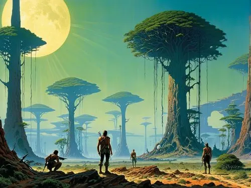 mcquarrie,futuristic landscape,mushroom landscape,uncredited,ecotopia,alien planet,zambezian,sedensky,yavin,homeworlds,baobabs,mushroom island,alien world,explorers,barsoom,moebius,travelers,valerian,terraformed,discworld,Conceptual Art,Sci-Fi,Sci-Fi 19