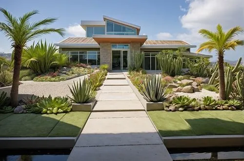 A modern house with a tropical plant and light sidewalk ,dunes house,tropical house,beach house,florida home,xeriscaping,landscaped,pool house,mid century house,landscape designers sydney,palm garden,