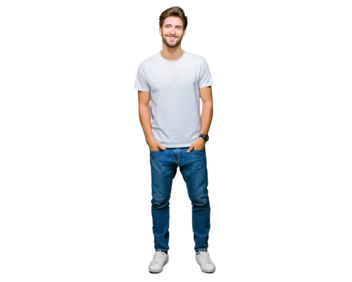 Cartoonish, colorful, young adult, casual wear, relaxed pose, smiling face, bright eyes, messy brown hair, slight beard, white shirt, blue jeans, sneakers, hands in pockets, leaning against wall, soft