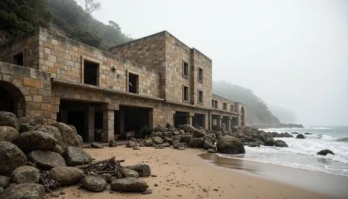 Rugged coastal scenery, weathered rocks, driftwood, sandy shores, crashing waves, salty mist, sturdy masonry buildings, rough-hewn stone walls, mortared joints, rustic arches, textured facades, earthy