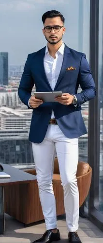 male, adult, 30s, professional attire, glasses, short black hair, clean-shaven, blazer, white shirt, dark blue trousers, leather shoes, holding tablet, standing, modern office building, cityscape, aft