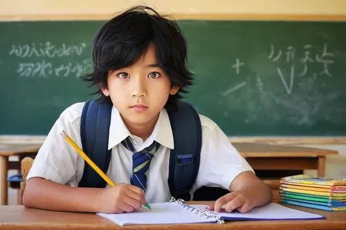 Young Shujinko, boy, elementary school student, bright curious eyes, messy black hair, small nose, white shirt, dark blue shorts, backpack, holding a pencil case, sitting on a chair, classroom, wooden