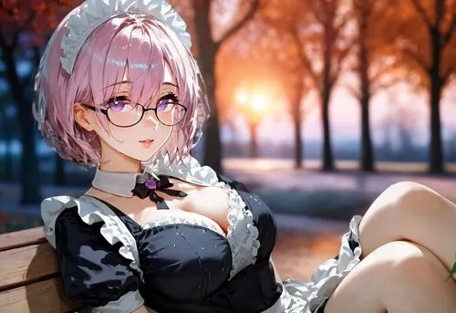 autumn,  sunset , sit on a bench, falling leaves,,an anime character is lying on a bench,megane,glasses,fukawa,sitting on a chair,fuki,dusk background