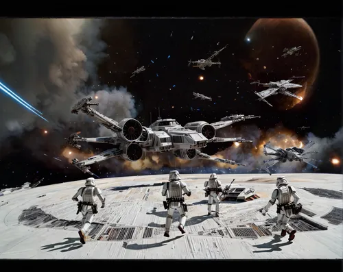 x wings fighters  attcking the death star  while under attck from a squad of storm troopers,starwars,first order tie fighter,star wars,x-wing,theater of war,cg artwork,storm troops,force,republic,tie 