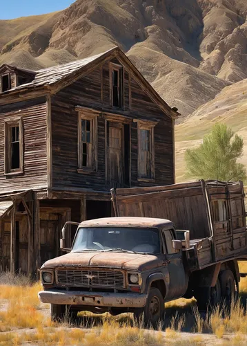 Set the scene for a suspenseful horror movie, where a haunted Bannack International truck terrorizes a group of unsuspecting travelers.,bannack international truck,house trailer,rust truck,wild west h