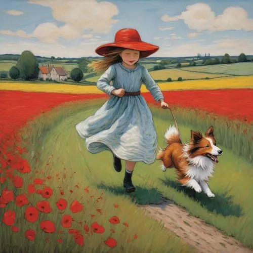 field of poppies,girl with dog,girl picking flowers,poppy fields,poppy field,red poppies,little girl in wind,red poppy on railway,pei,champney,walking in a spring,pittura,countrywomen,mostovoy,blooming field,flower field,shepherdess,field of flowers,countrywoman,flowers field,Art,Artistic Painting,Artistic Painting 49