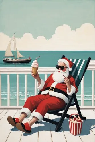 santa claus at beach,christmas on beach,deckchair,holidaymaker,deck chair,deckchairs,Illustration,Abstract Fantasy,Abstract Fantasy 05