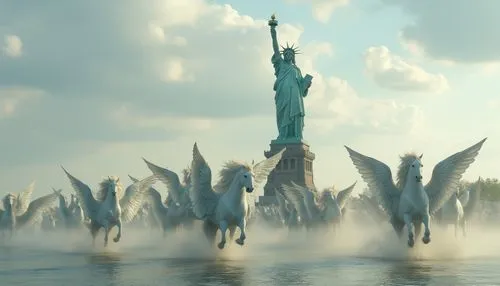 a fleet of pegasus horses with wings flying around the statue of liberty,a painting of a statue with winged creatures,a sinking statue of liberty,the statue of liberty,liberty statue,statue of liberty