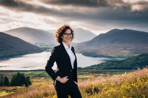 Highland architectural designer, mature lady, 30s, short curly brown hair, rectangular glasses, elegant smile, formal business attire, white shirt, black blazer, fitted trousers, heels, holding a larg