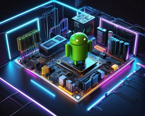 Android component, architecture diagram, 3D isometric view, detailed circuits, microchips, wires, motherboard, CPU, GPU, RAM, ROM, battery, screen, Android logo, robot arm, futuristic laboratory, neon