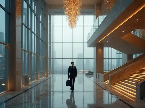 Modern skyscraper, luxurious architecture, marble material, sleek lines, geometric shapes, reflective glass, grand lobby, high ceiling, elegant chandelier, polished floor, staircase with marble handra