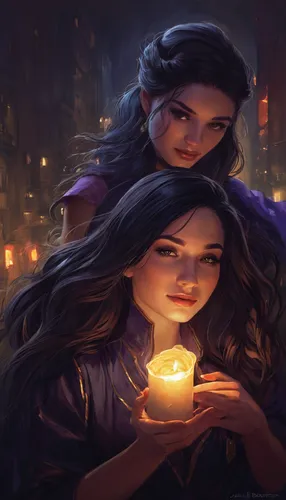 tea lights,candlelight,tea-lights,candle light,candlelights,burning candle,game illustration,celebration of witches,romantic portrait,witches,tea light,sci fiction illustration,burning candles,romantic night,two girls,la violetta,fantasy picture,candlemaker,campfire,candle,Conceptual Art,Fantasy,Fantasy 17