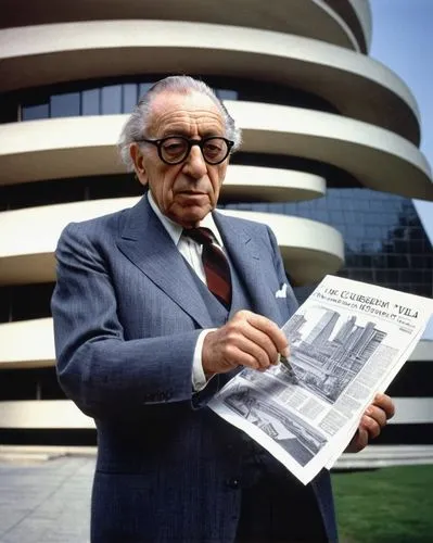 Famous architects, Frank Lloyd Wright, I.M. Pei, Le Corbusier, Mies van der Rohe, solo, standing, gesturing, wearing glasses, suit, tie, holding blueprints, in front of Guggenheim Museum, Louvre Pyram