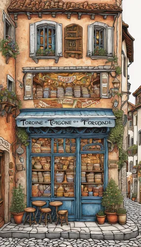 Imagine a magical torrone shop tucked away in a quaint European village.,watercolor tea shop,sicilian cuisine,watercolor cafe,watercolor shops,provence,bakery,mediterranean cuisine,watercolor paris sh