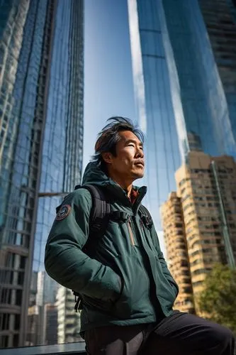 Jimmy Chin, male, 40s, beard, messy hair, casual wear, outdoor jacket, trekking pants, backpack, holding camera, architectural digest, modern skyscraper, sleek lines, glass facade, steel beams, urban 